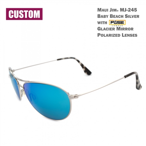 Custom Maui Jim MJ-245 BabyBeach Titanium Polarized Sunglasses 56x18-120 Silver frame / Fuse Glacier Mirror lenses